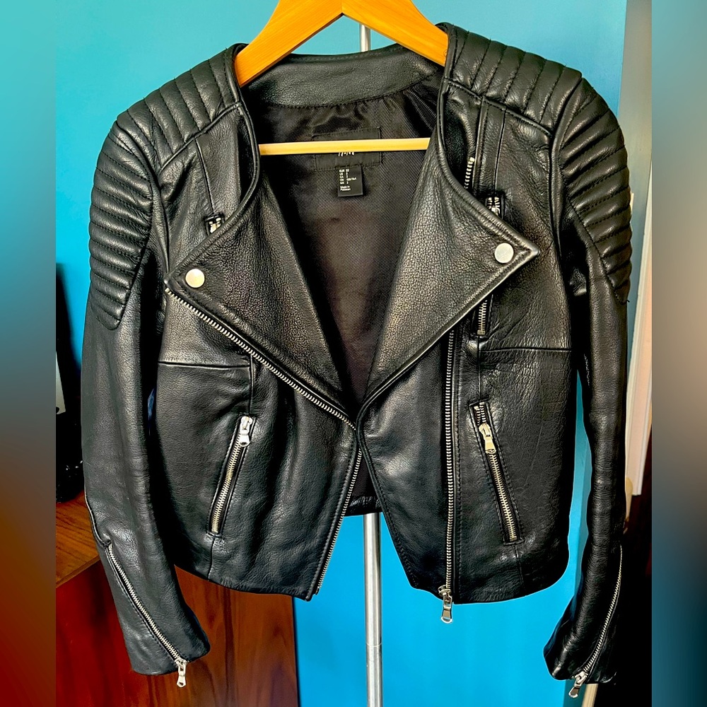 H&M real black leather biker jacket / size 2